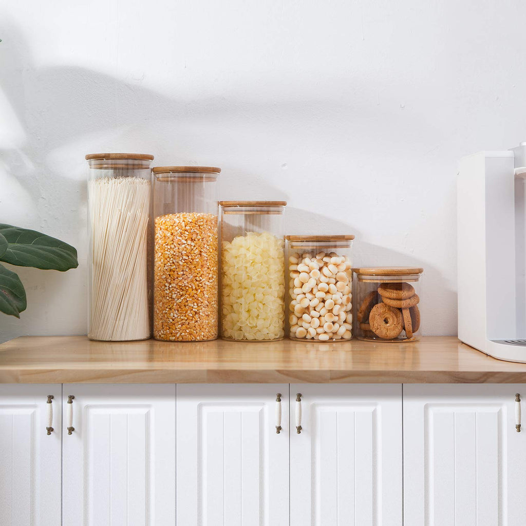 Glass Food Storage Containers, Food Jars with Bamboo Wooden Lids - Set