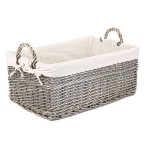 Shallow Cotton Lined Antique Wash Wicker Storage Basket